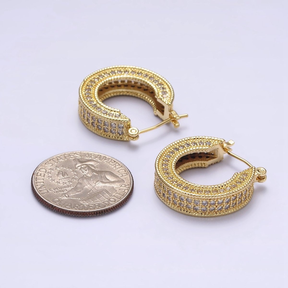 14K Gold Filled 25mm Clear CZ Lined Wide Hoop Latch Earrings in Gold & Silver | AE552 AE553 - DLUXCA