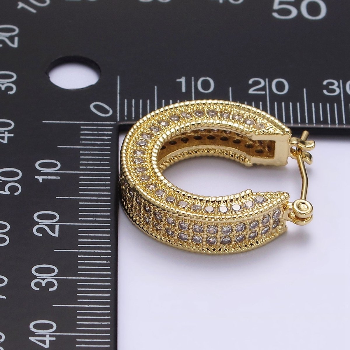 14K Gold Filled 25mm Clear CZ Lined Wide Hoop Latch Earrings in Gold & Silver | AE552 AE553 - DLUXCA