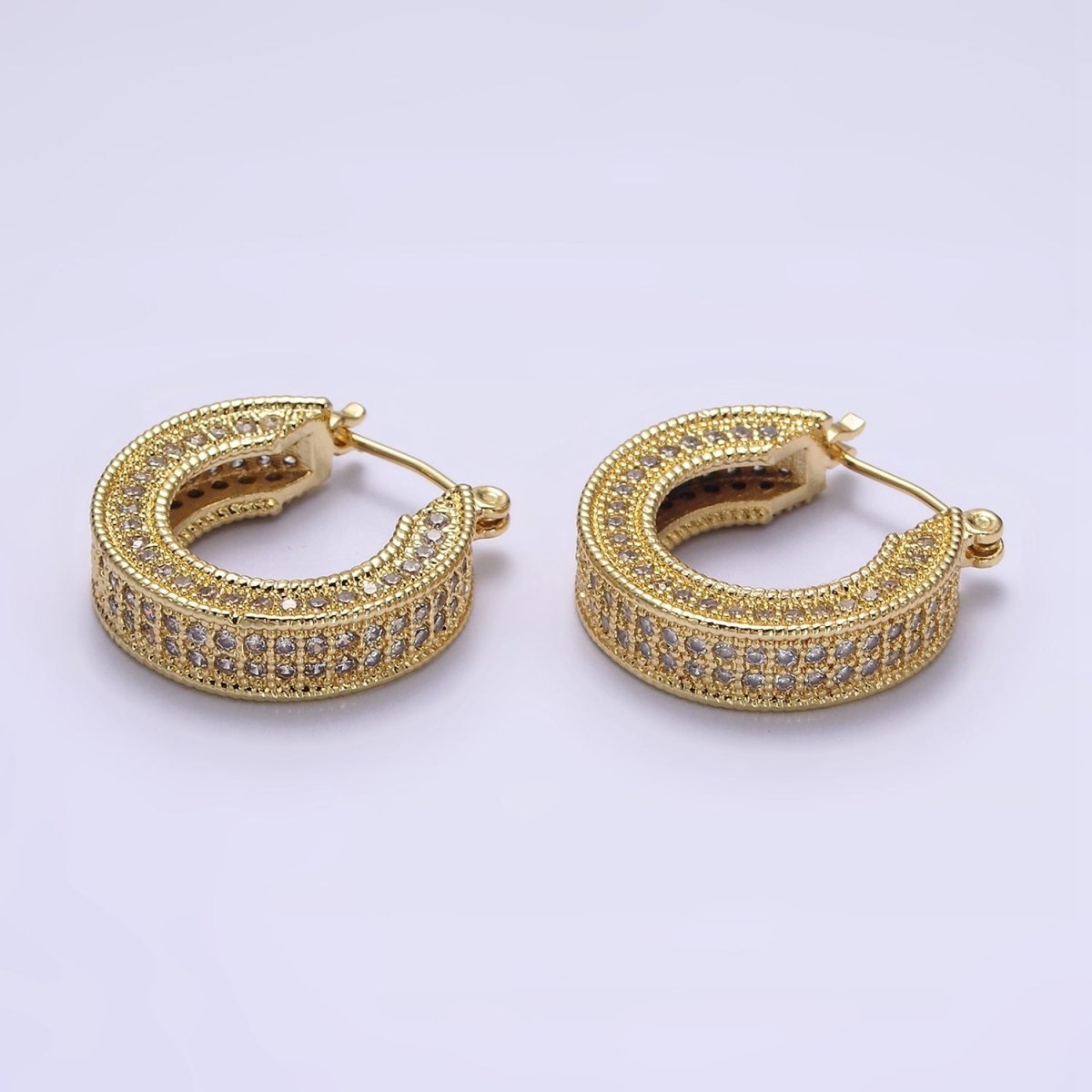 14K Gold Filled 25mm Clear CZ Lined Wide Hoop Latch Earrings in Gold & Silver | AE552 AE553 - DLUXCA