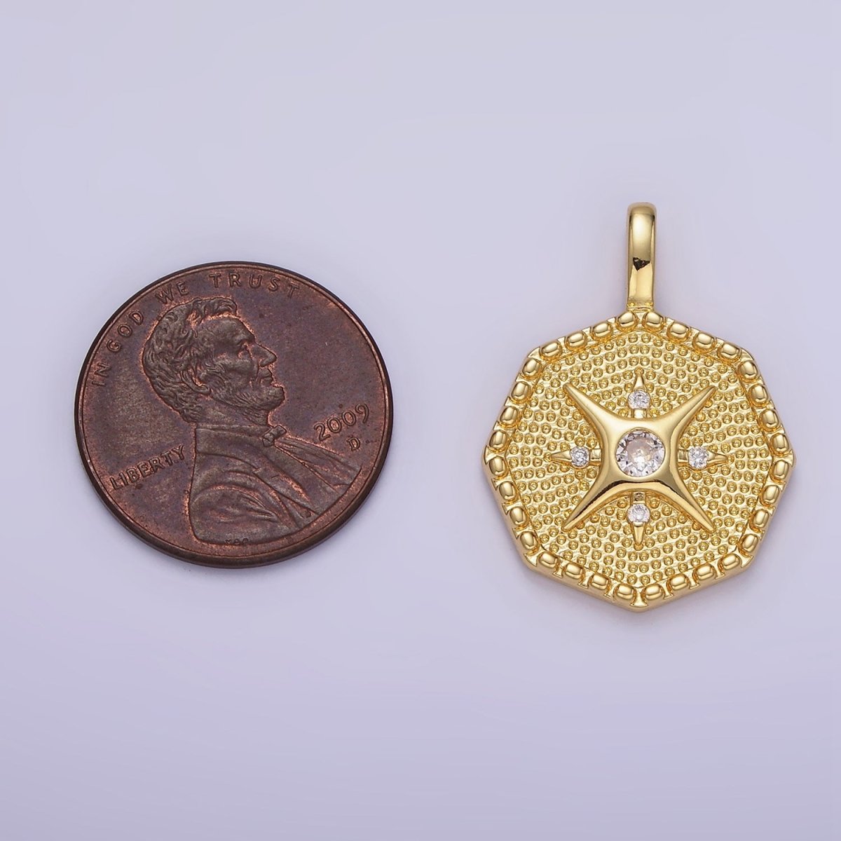 14K Gold Filled 25mm Compass CZ Dotted Hexagonal Pendant in Gold & Silver | AA1151 - DLUXCA