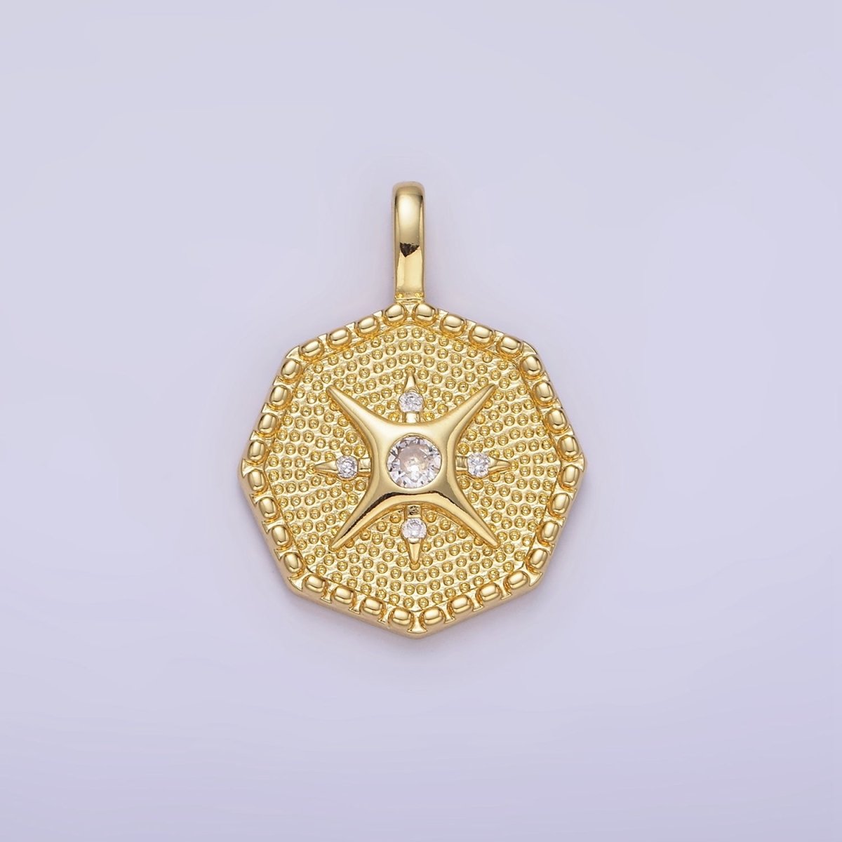 14K Gold Filled 25mm Compass CZ Dotted Hexagonal Pendant in Gold & Silver | AA1151 - DLUXCA