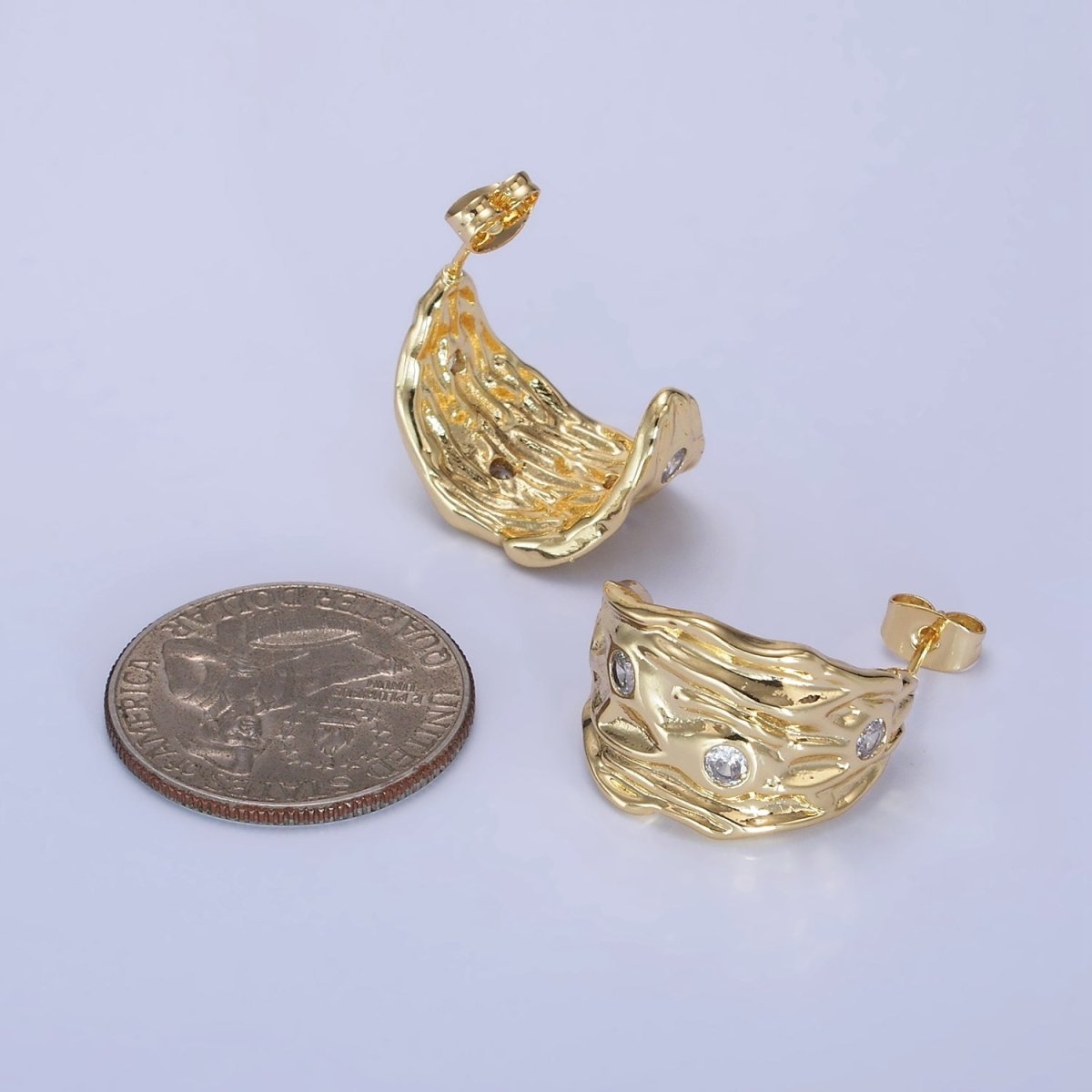 14K Gold Filled 25mm CZ Dotted Hammered C-Shaped Earrings in Gold & Silver | AE1300 AE1301 - DLUXCA