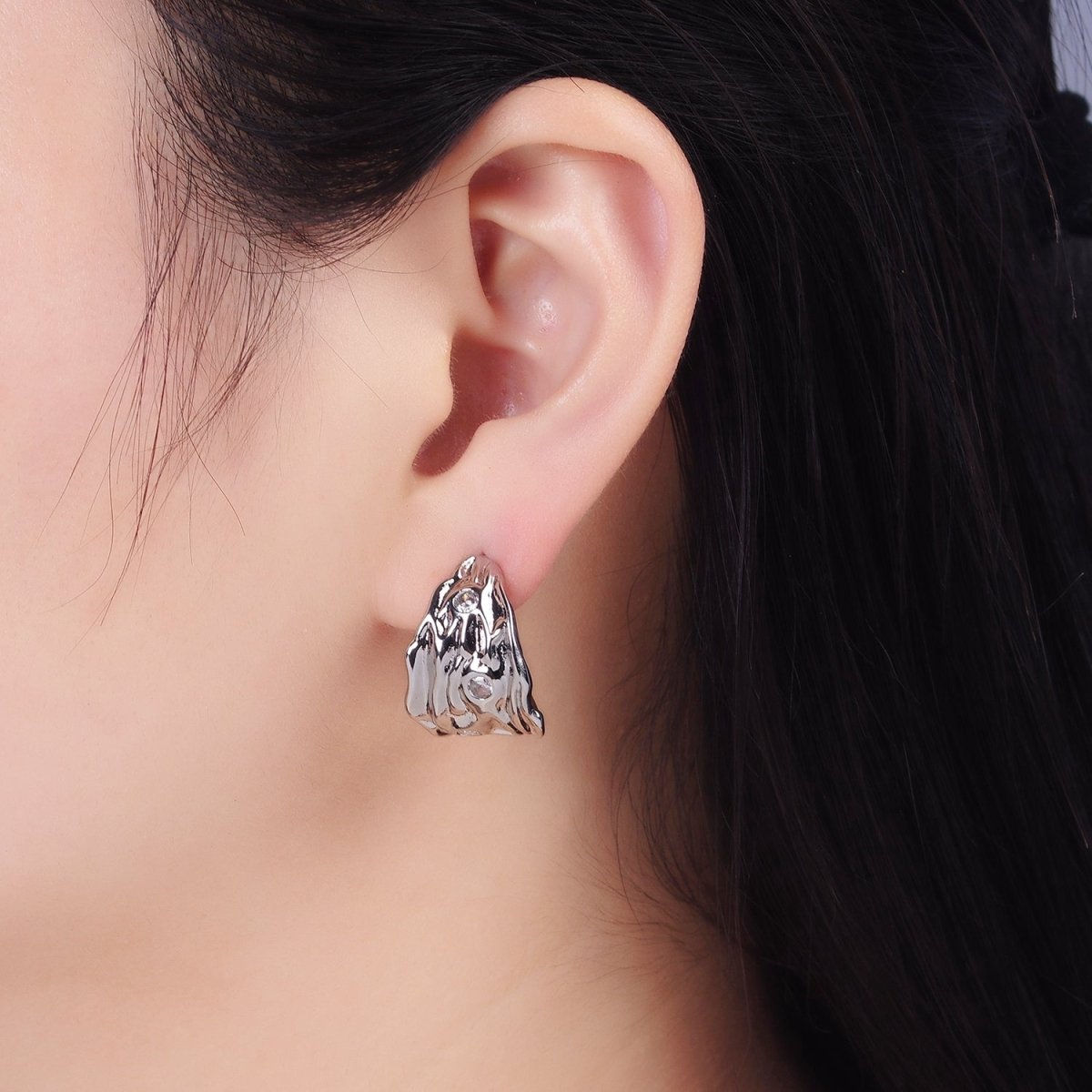 14K Gold Filled 25mm CZ Dotted Hammered C-Shaped Earrings in Gold & Silver | AE1300 AE1301 - DLUXCA