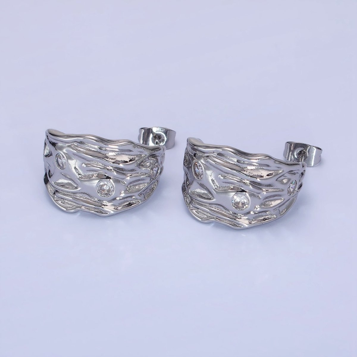 14K Gold Filled 25mm CZ Dotted Hammered C-Shaped Earrings in Gold & Silver | AE1300 AE1301 - DLUXCA