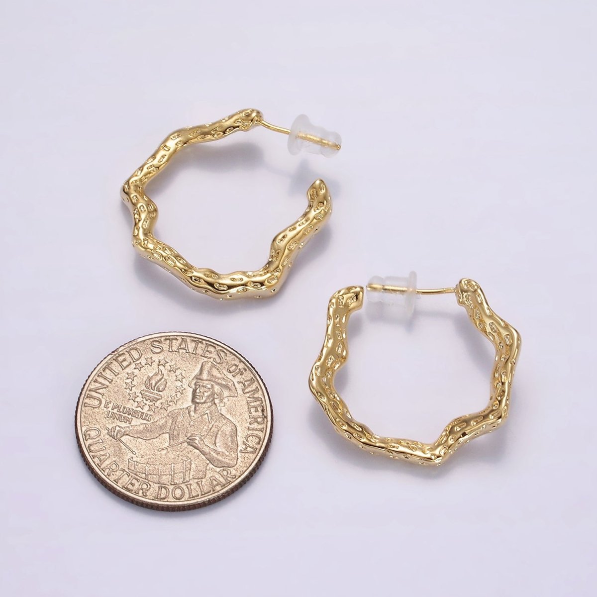 14K Gold Filled 25mm Dented Abstract C-Shaped Hoop Earrings in Gold & Silver | AE330 AE331 - DLUXCA