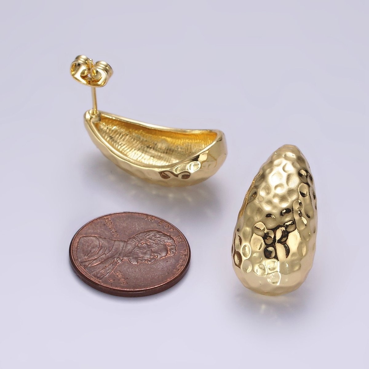 14K Gold Filled 25mm Hammered Teardrop Dome Modern Statement Stud Kylie Earrings | AE171 - DLUXCA