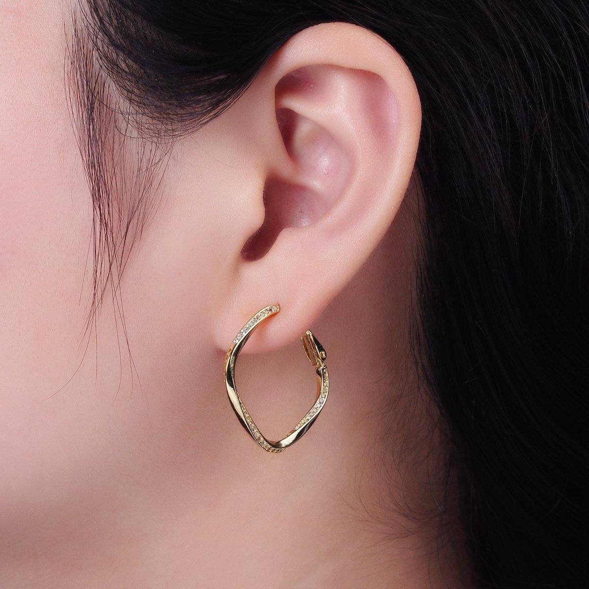 14K Gold Filled 25mm Micro Paved CZ Edged Rhombus Hinge Hoop Earrings | AE376 - DLUXCA