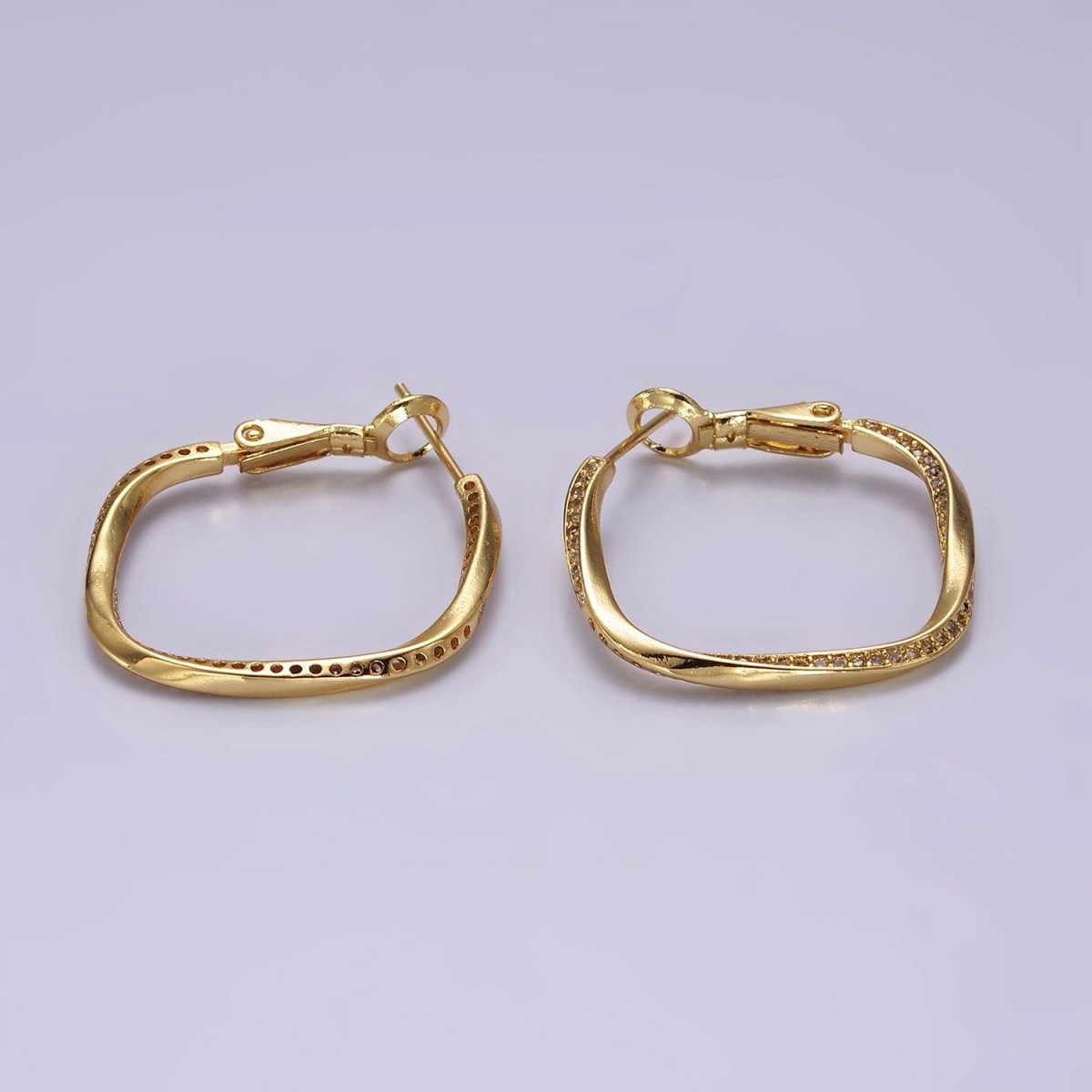 14K Gold Filled 25mm Micro Paved CZ Edged Rhombus Hinge Hoop Earrings | AE376 - DLUXCA