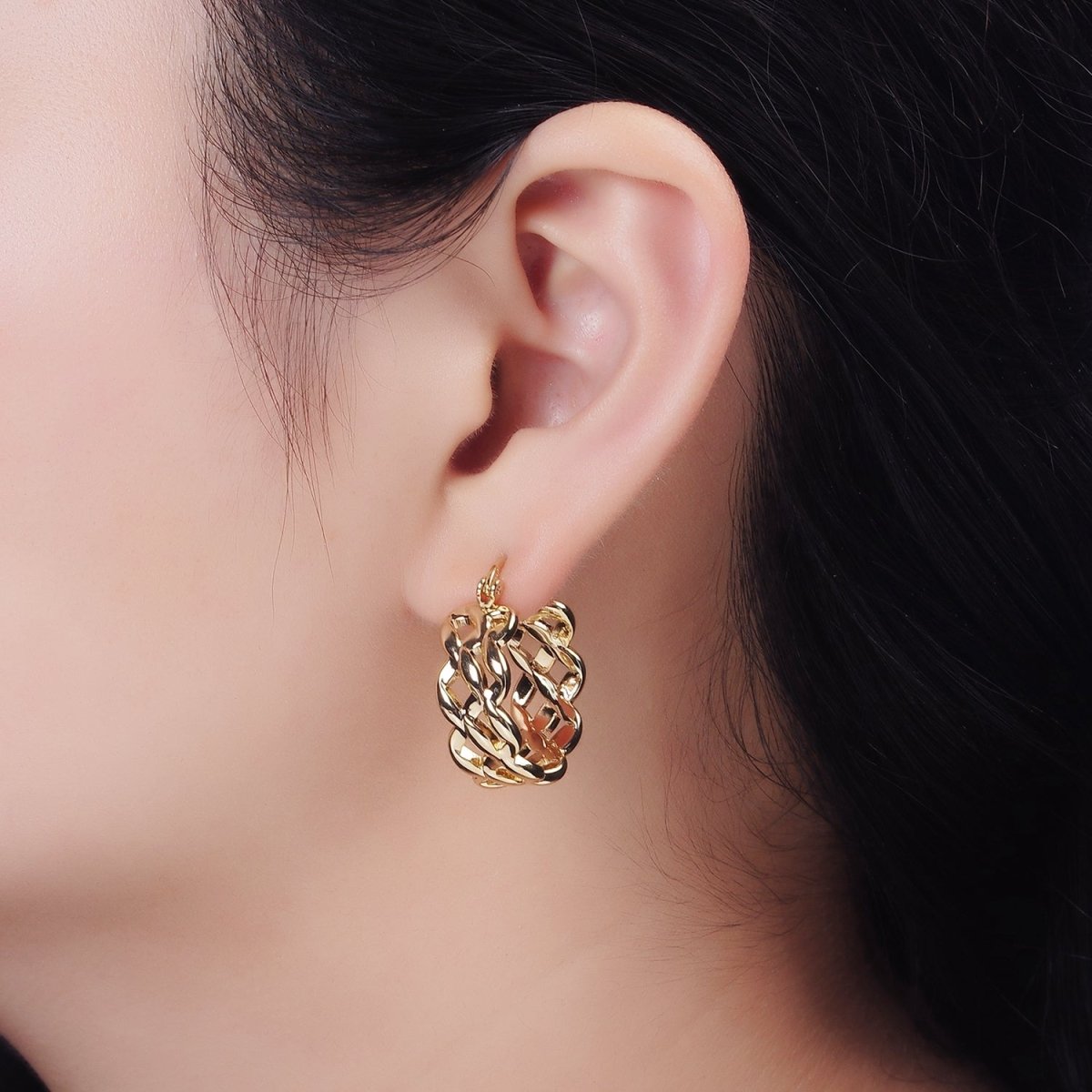 14K Gold Filled 25mm Molten Weave French Lock Latch Hoop Earrings | AE900 - DLUXCA