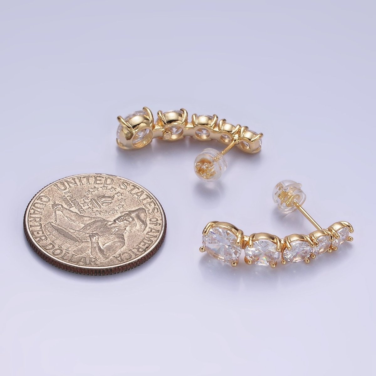 14K Gold Filled 25mm Multiple Clear Round CZ Curved Lined Stud Earrings | AE411 - DLUXCA