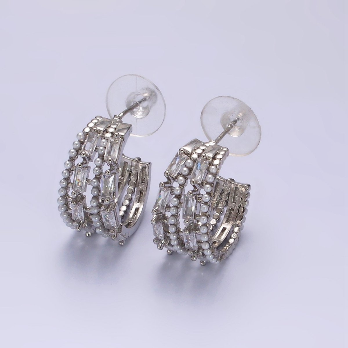 14K Gold Filled 25mm Pearl Baguette Lined C-Shaped Hoop Earrings in Gold & Silver | AE321 AE322 - DLUXCA