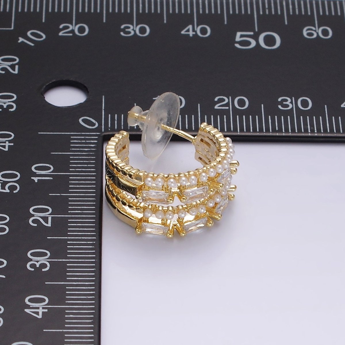 14K Gold Filled 25mm Pearl Baguette Lined C-Shaped Hoop Earrings in Gold & Silver | AE321 AE322 - DLUXCA