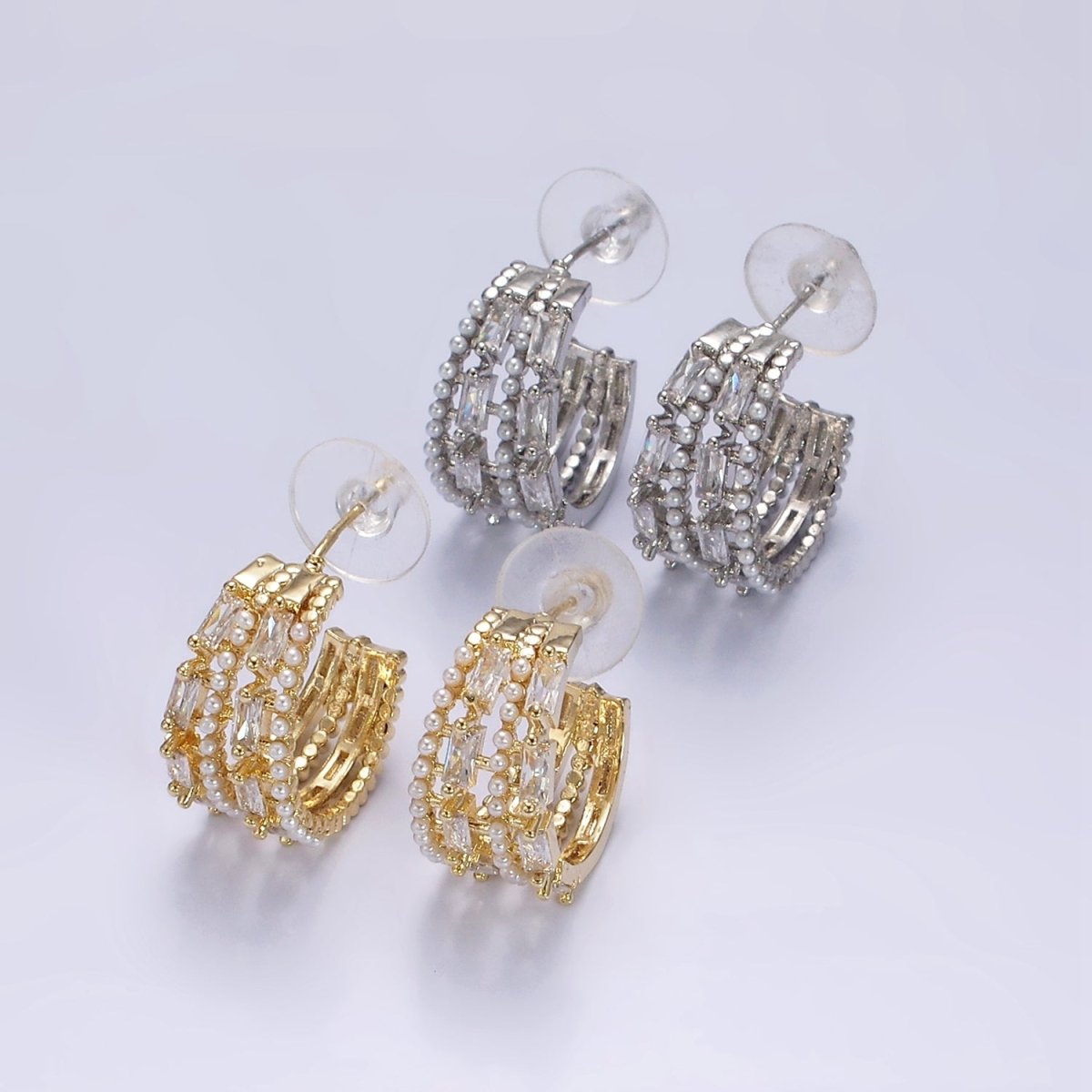 14K Gold Filled 25mm Pearl Baguette Lined C-Shaped Hoop Earrings in Gold & Silver | AE321 AE322 - DLUXCA