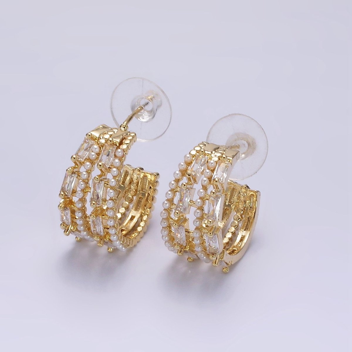 14K Gold Filled 25mm Pearl Baguette Lined C-Shaped Hoop Earrings in Gold & Silver | AE321 AE322 - DLUXCA
