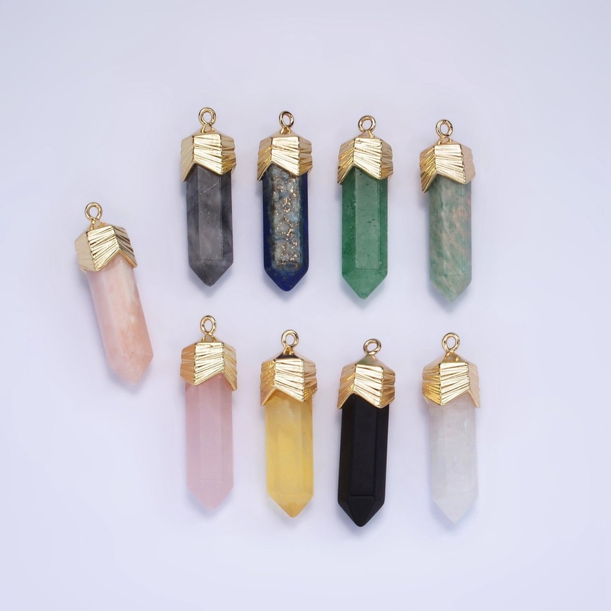 14K Gold Filled 28mm Natural Gemstone Pointed Wand Line-Textured Charm | AG333 - AG341 - DLUXCA