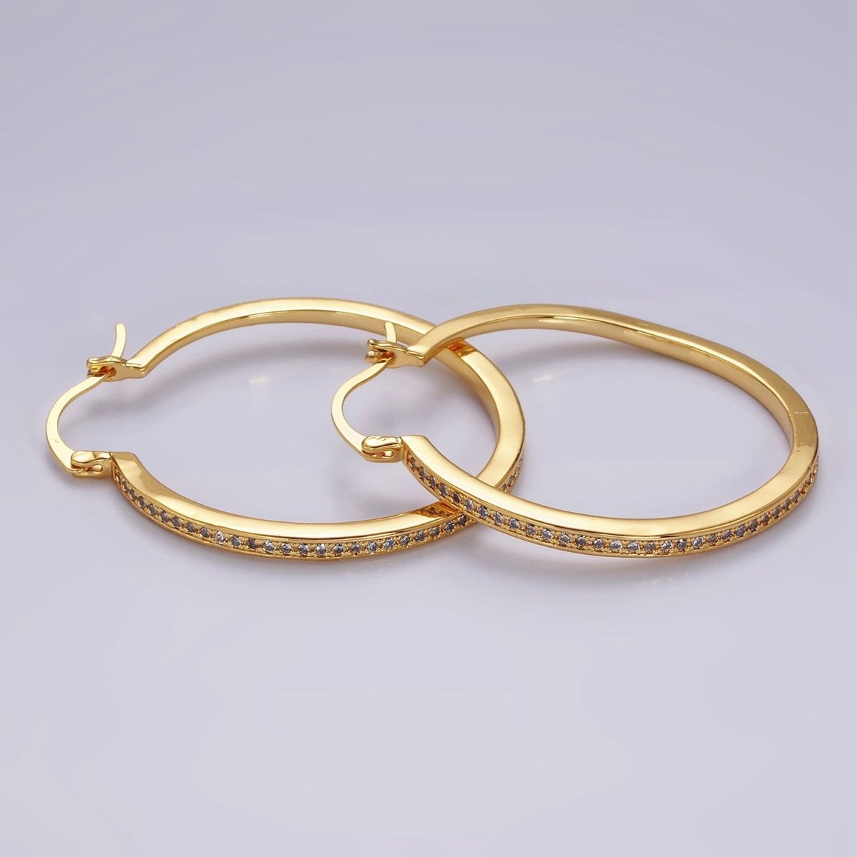 14K Gold Filled 30mm, 40mm, 50mm Clear CZ Lined Latch Hoop Earrings in Gold & Silver | AE145 - AE150 - DLUXCA