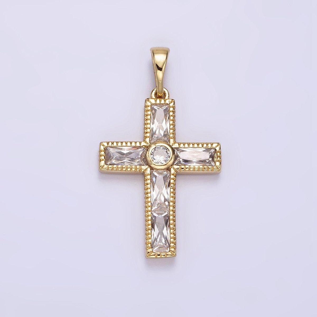 14K Gold Filled 30mm Clear CZ Round Baguette Lined Textured Pendant | AA725 - DLUXCA