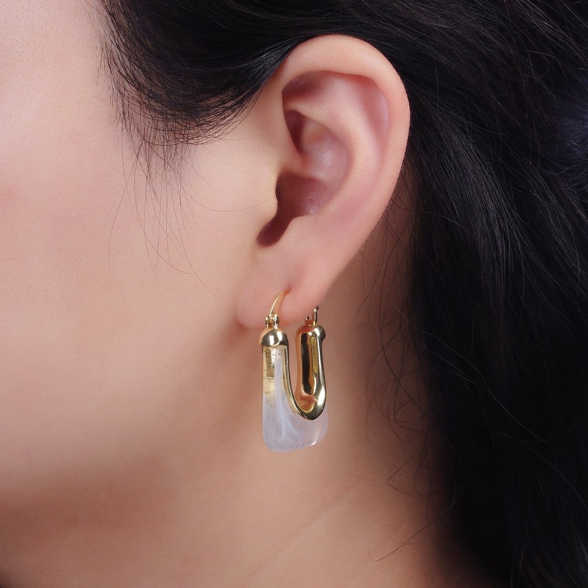 14K Gold Filled 30mm Clear, Grey, Cream, Mint, Brown, Green Resin U-Shaped Rectangular Latch Hoop Earrings | AE159 AE160 AE176 AE367 AE368 AE373 - DLUXCA