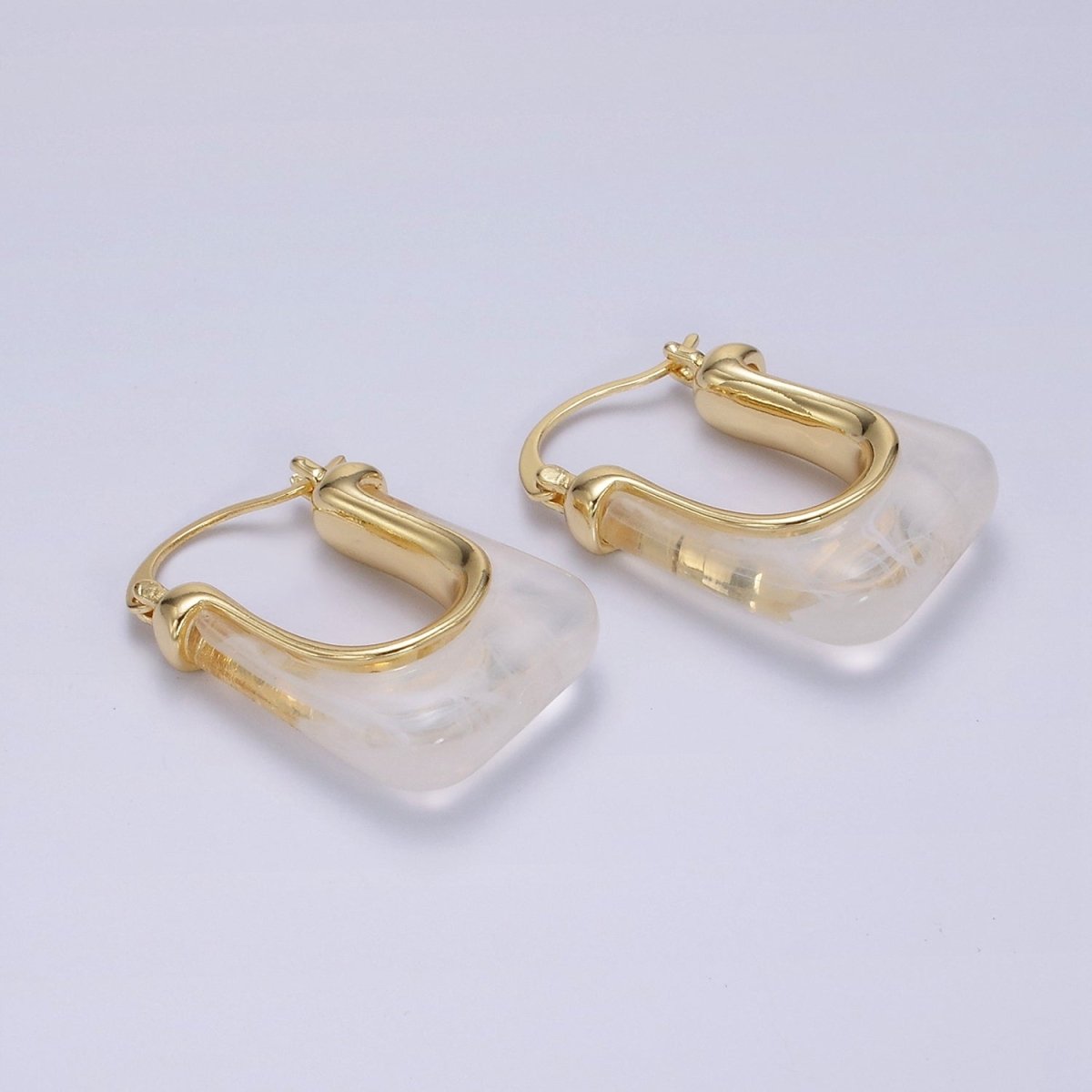 14K Gold Filled 30mm Clear, Grey, Cream, Mint, Brown, Green Resin U-Shaped Rectangular Latch Hoop Earrings | AE159 AE160 AE176 AE367 AE368 AE373 - DLUXCA