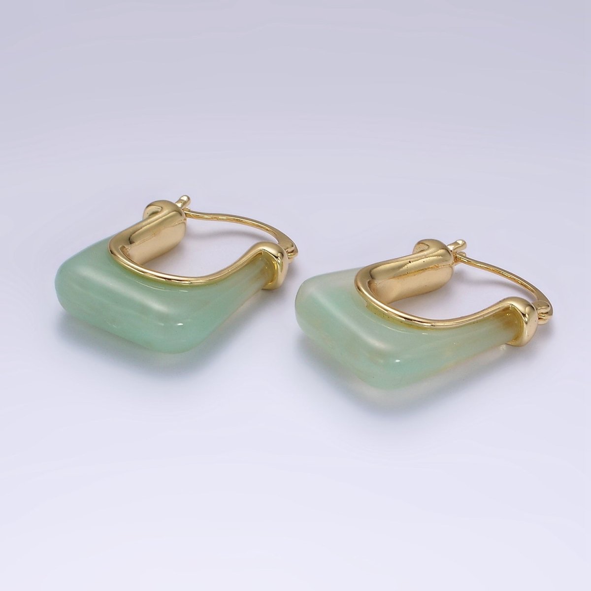14K Gold Filled 30mm Clear, Grey, Cream, Mint, Brown, Green Resin U-Shaped Rectangular Latch Hoop Earrings | AE159 AE160 AE176 AE367 AE368 AE373 - DLUXCA