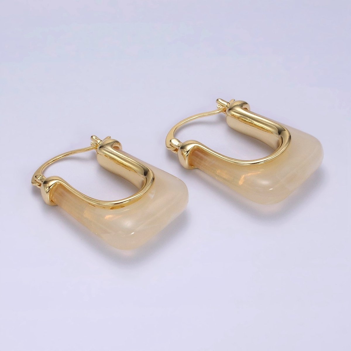 14K Gold Filled 30mm Clear, Grey, Cream, Mint, Brown, Green Resin U-Shaped Rectangular Latch Hoop Earrings | AE159 AE160 AE176 AE367 AE368 AE373 - DLUXCA
