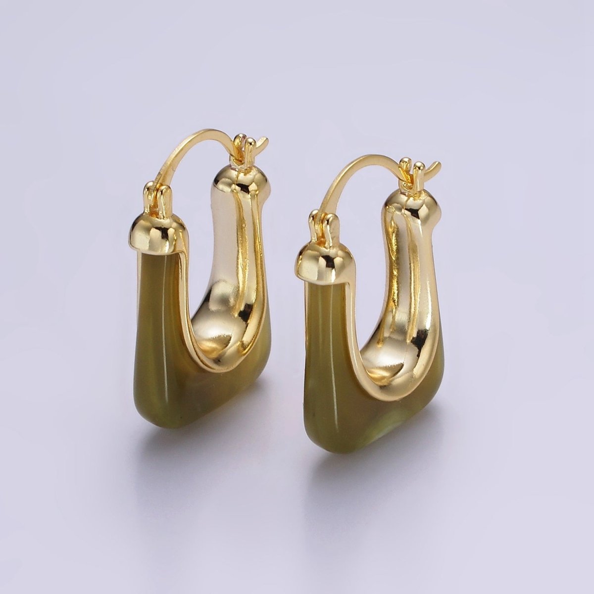 14K Gold Filled 30mm Clear, Grey, Cream, Mint, Brown, Green Resin U-Shaped Rectangular Latch Hoop Earrings | AE159 AE160 AE176 AE367 AE368 AE373 - DLUXCA