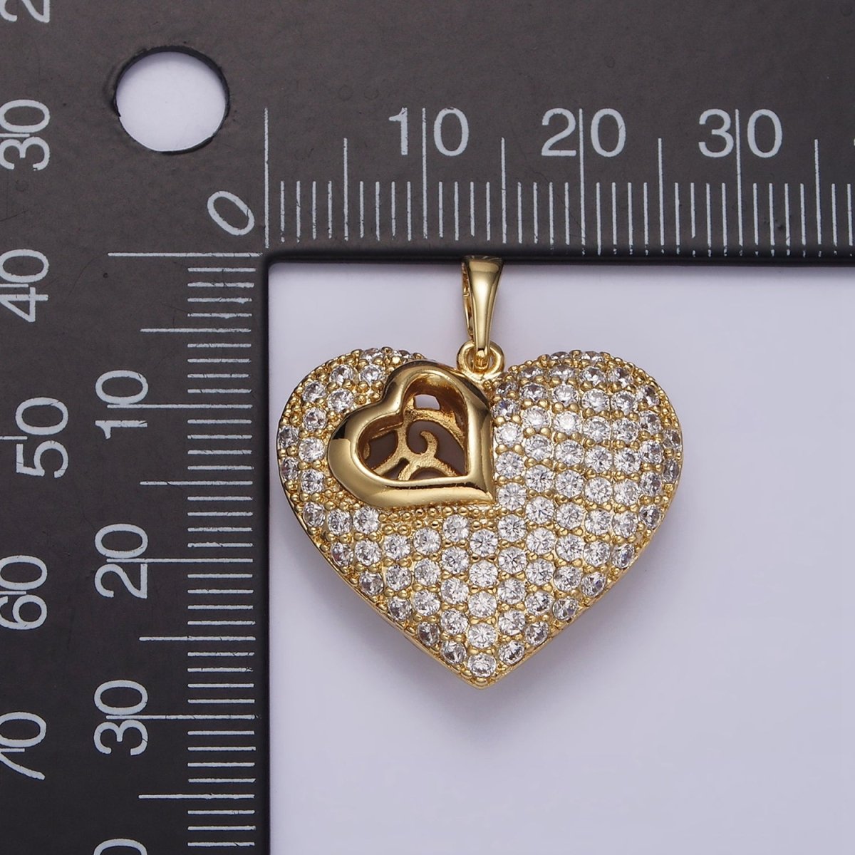 14K Gold Filled 30mm Clear Micro Paved CZ Double Sided Filigree Open Heart Pendant | AA720 - DLUXCA