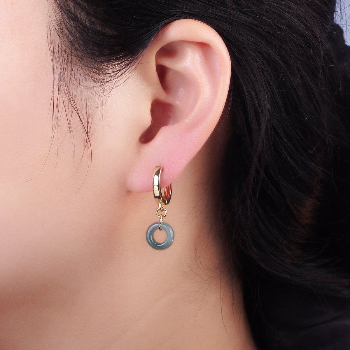 14K Gold Filled 30mm Green Jade Donut Huggie Drop Earrings | AE516 - DLUXCA