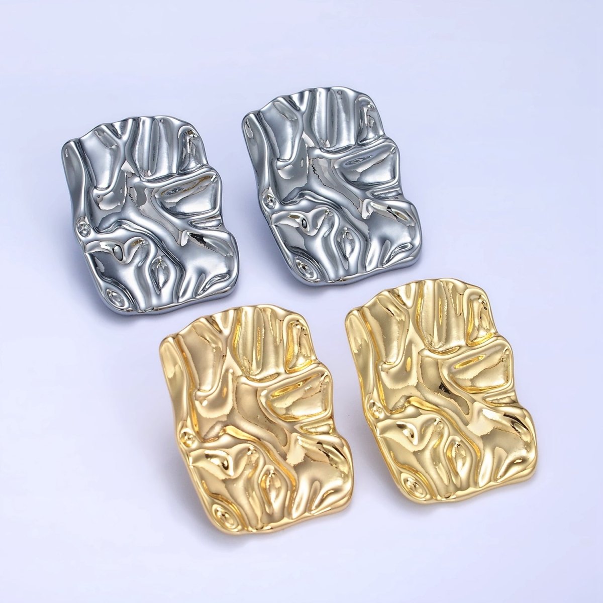 14K Gold Filled 30mm Hammered Foil Rectangular Bar Stud Earrings in Gold &Silver | P474 P475 - DLUXCA