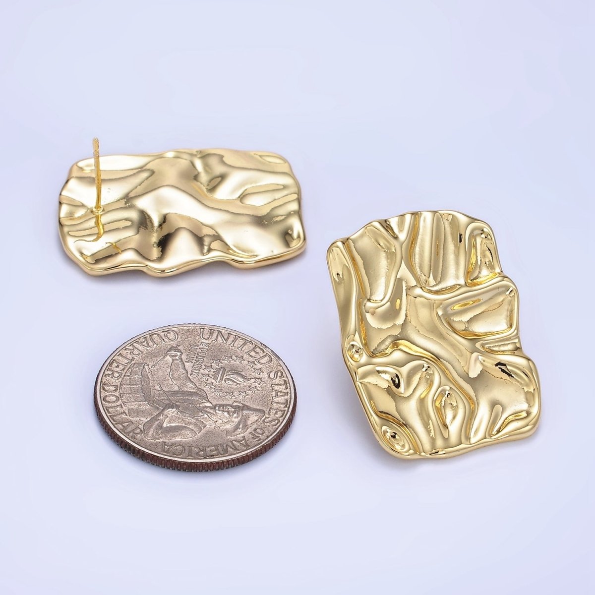 14K Gold Filled 30mm Hammered Foil Rectangular Bar Stud Earrings in Gold &Silver | P474 P475 - DLUXCA