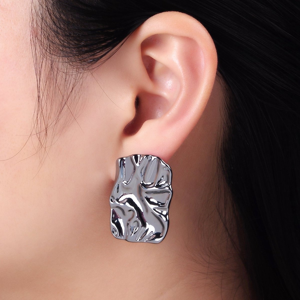 14K Gold Filled 30mm Hammered Foil Rectangular Bar Stud Earrings in Gold &Silver | P474 P475 - DLUXCA