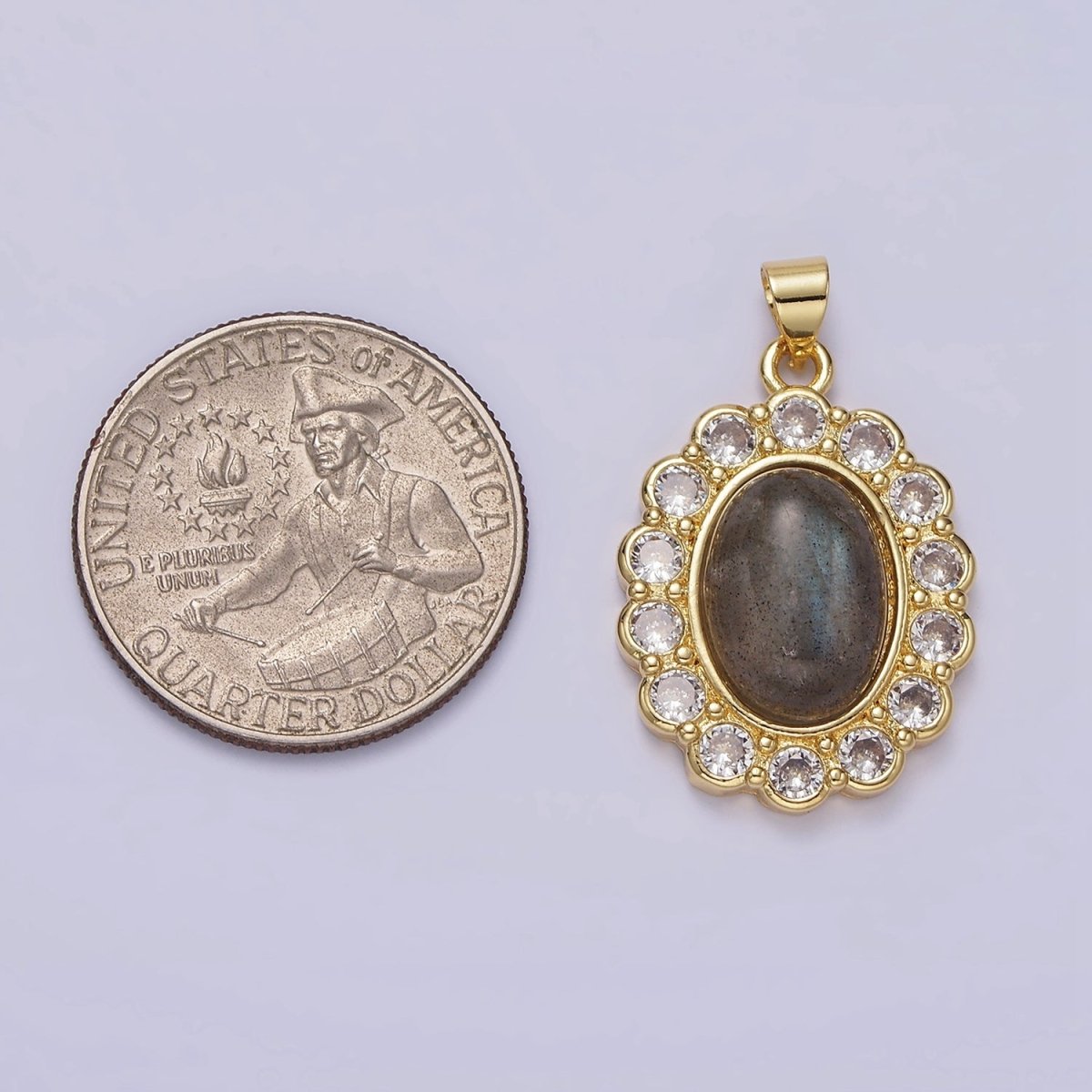 14K Gold Filled 30mm Labradorite Cabochon Rounded Clear CZ Oval Pendant | AA680 - DLUXCA