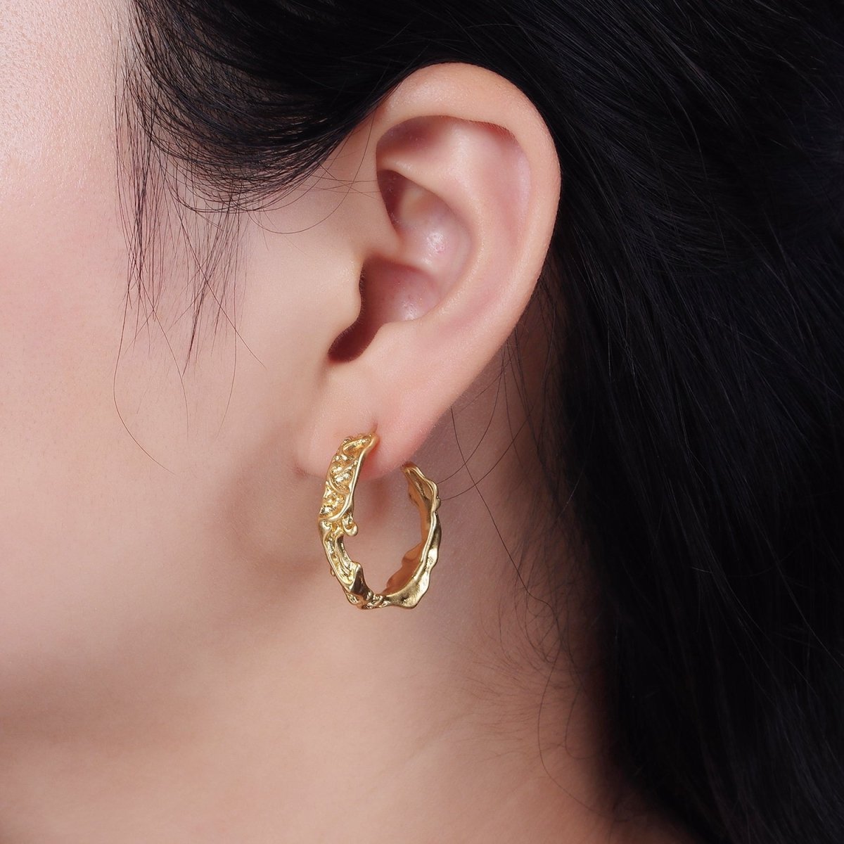 14K Gold Filled 30mm Molten Abstract C-Shaped Hoop Earrings | AE329 - DLUXCA