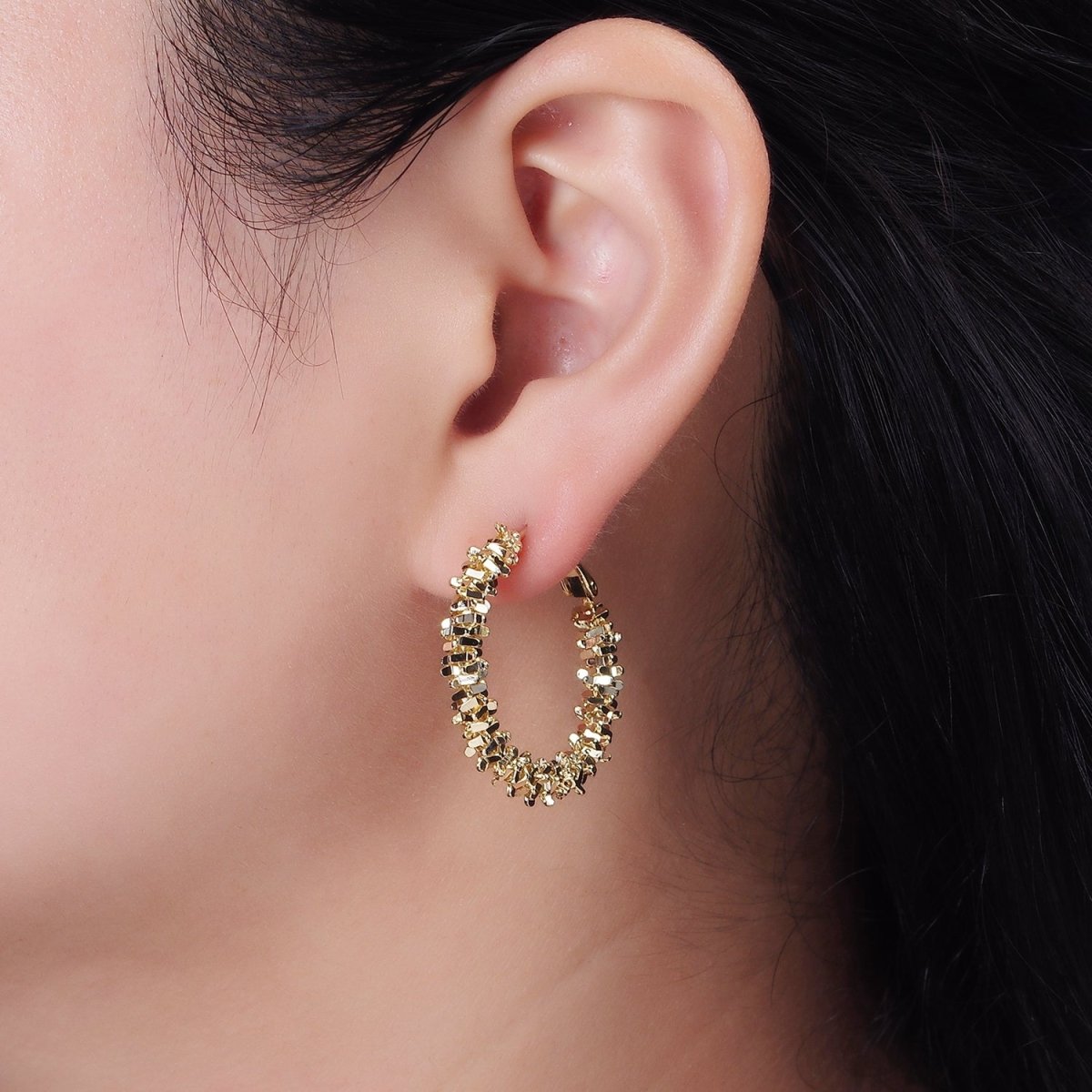 14K Gold Filled 30mm Multiple Geometric Bead Hinge Hoop Earrings in Gold & Silver | AE297 AE298 - DLUXCA