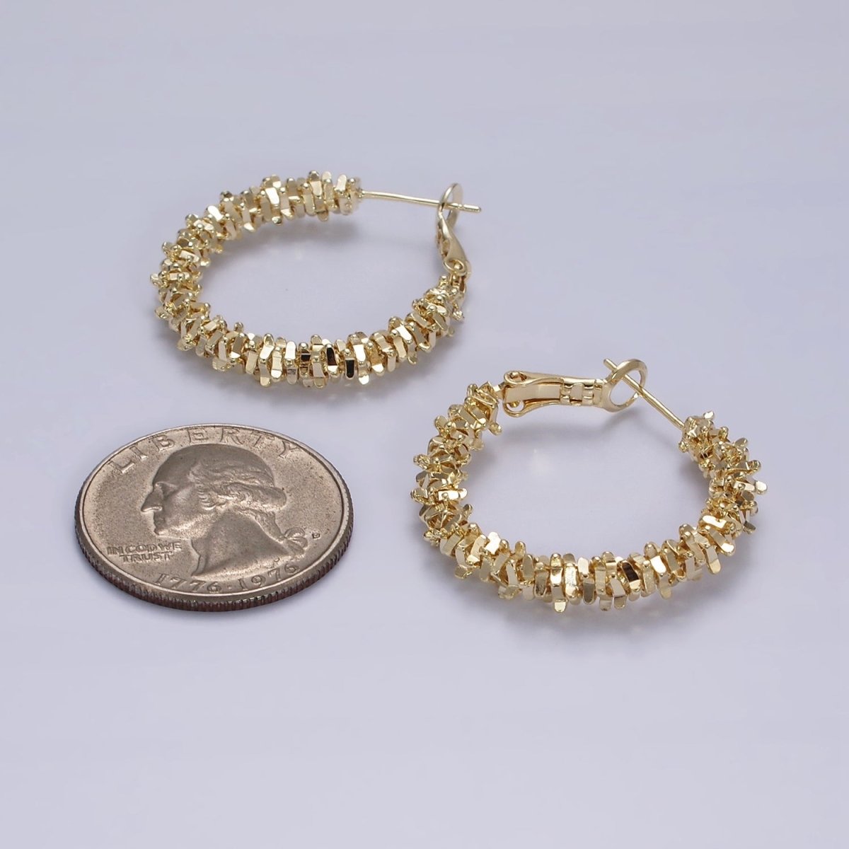 14K Gold Filled 30mm Multiple Geometric Bead Hinge Hoop Earrings in Gold & Silver | AE297 AE298 - DLUXCA