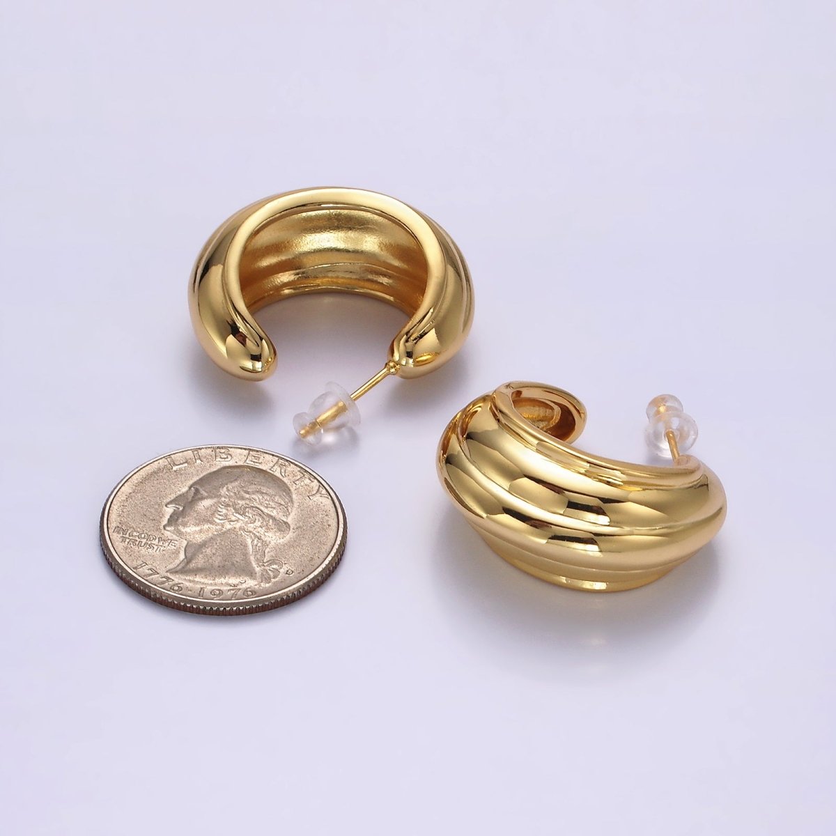 14K Gold Filled 30mm Multiple Line Dome C-Shaped Hoop Earrings in Silver & Gold | AE-104 AE-105 - DLUXCA