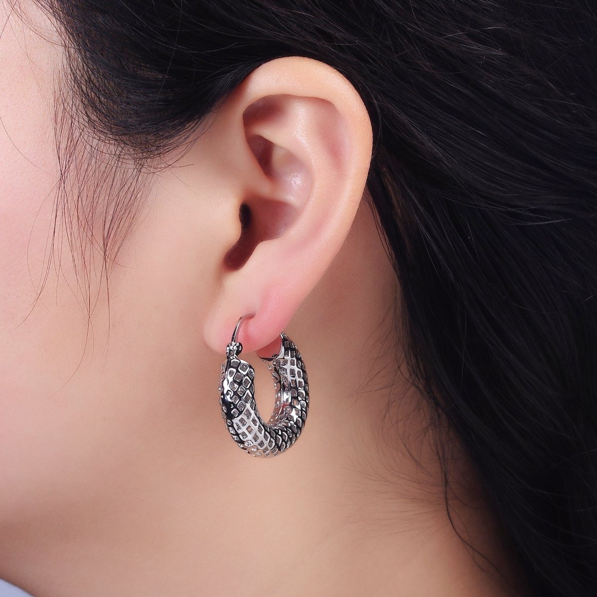 14K Gold Filled 30mm Rhombus Filigree Chubby Hoop French Lock Latch Earrings in Gold & Silver | AE075 AE076 - DLUXCA