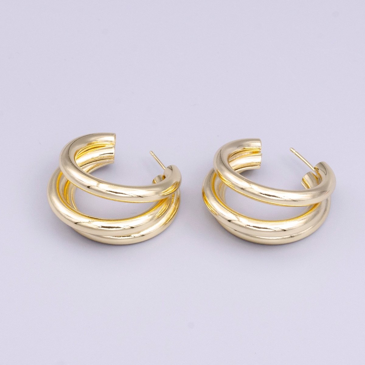 14K Gold Filled 30mm Triple Band Bar C-Shaped Geometric Hoop Earrings | AE069 - DLUXCA