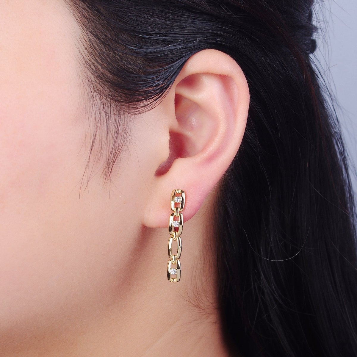 14K Gold Filled 32x12mm Cable Anchor Chain Link Cubic Zirconia CZ with English Lock Hoop Earrings P-299 - DLUXCA