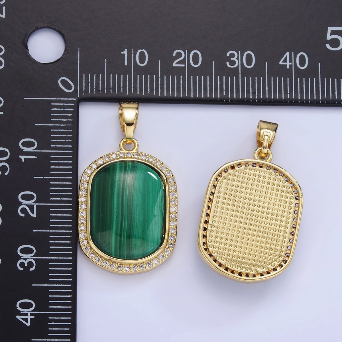 14K Gold Filled 33mm Malachite Oblong Micro Paved Bezel Pendant | AA1235 - DLUXCA