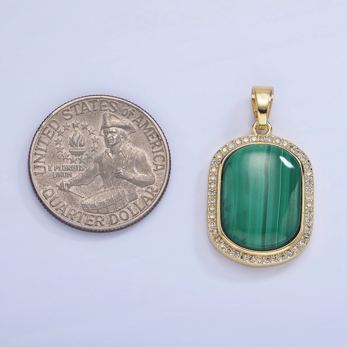 14K Gold Filled 33mm Malachite Oblong Micro Paved Bezel Pendant | AA1235 - DLUXCA