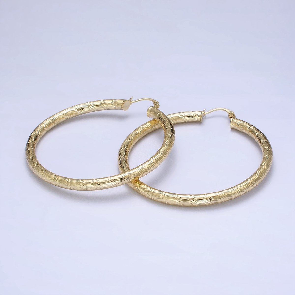 14K Gold Filled 35mm, 45mm, 55mm Cloudy Curved-Line Textured French Lock Latch Hoop Earrings | AE014 - AE016 - DLUXCA