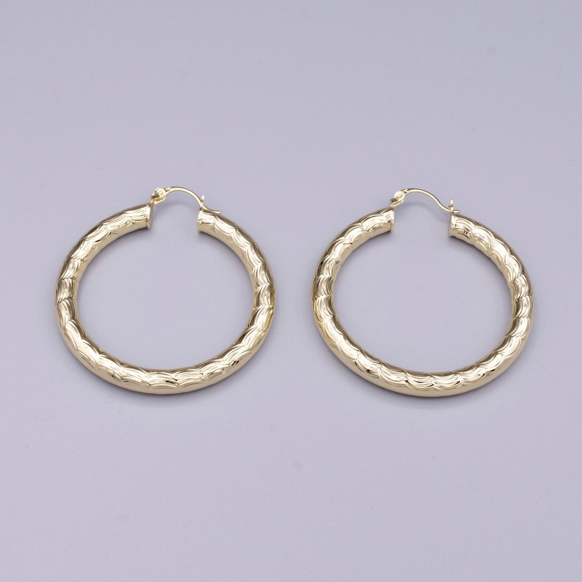 14K Gold Filled 35mm, 45mm, 55mm Cloudy Curved-Line Textured French Lock Latch Hoop Earrings | AE014 - AE016 - DLUXCA