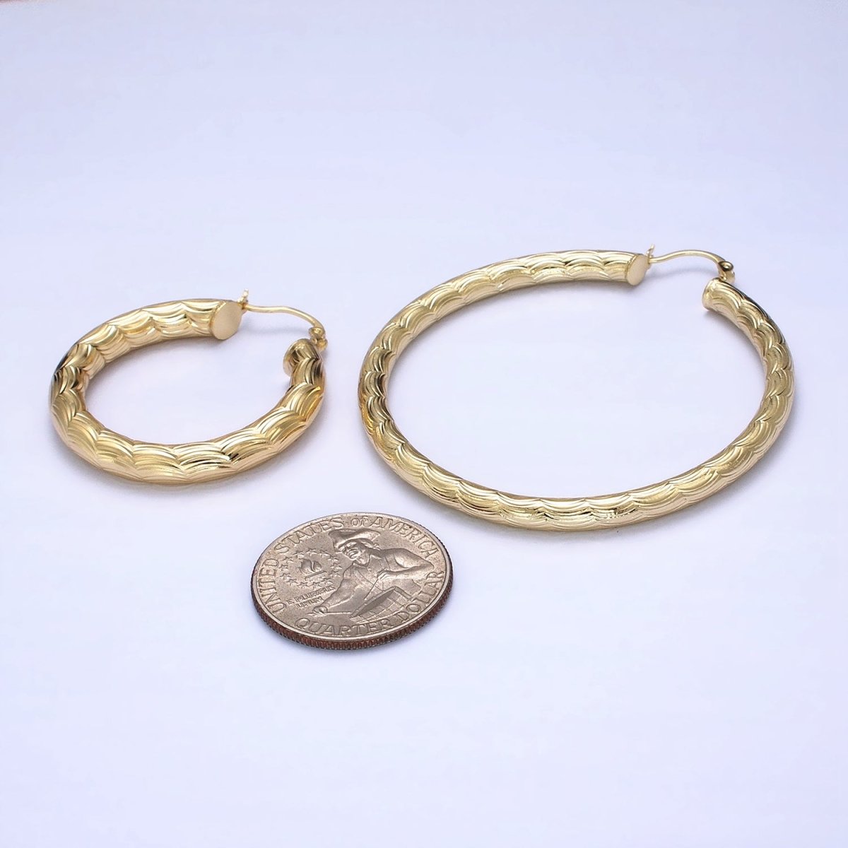 14K Gold Filled 35mm, 45mm, 55mm Cloudy Curved-Line Textured French Lock Latch Hoop Earrings | AE014 - AE016 - DLUXCA