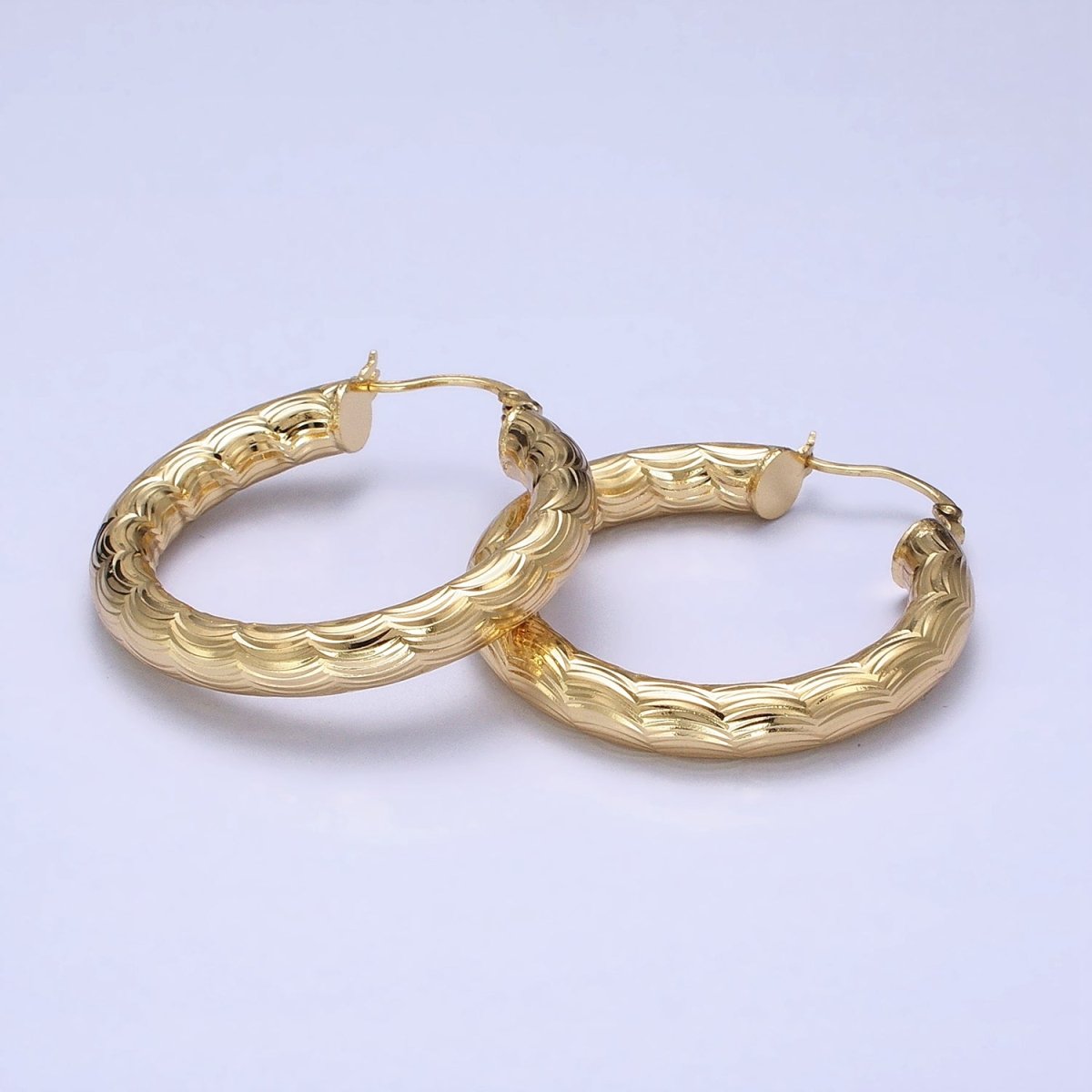 14K Gold Filled 35mm, 45mm, 55mm Cloudy Curved-Line Textured French Lock Latch Hoop Earrings | AE014 - AE016 - DLUXCA