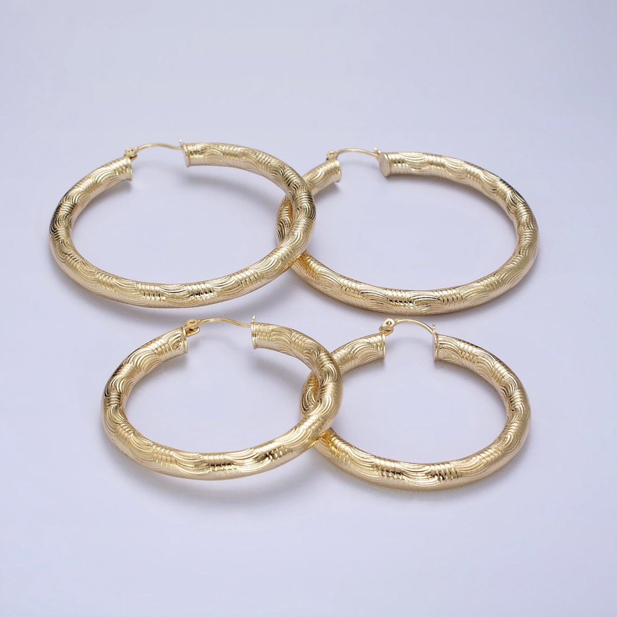 14K Gold Filled 35mm, 45mm, 55mm Curved Line Textured Latch French Lock Hoop Earrings | AE006 -AE008 - DLUXCA