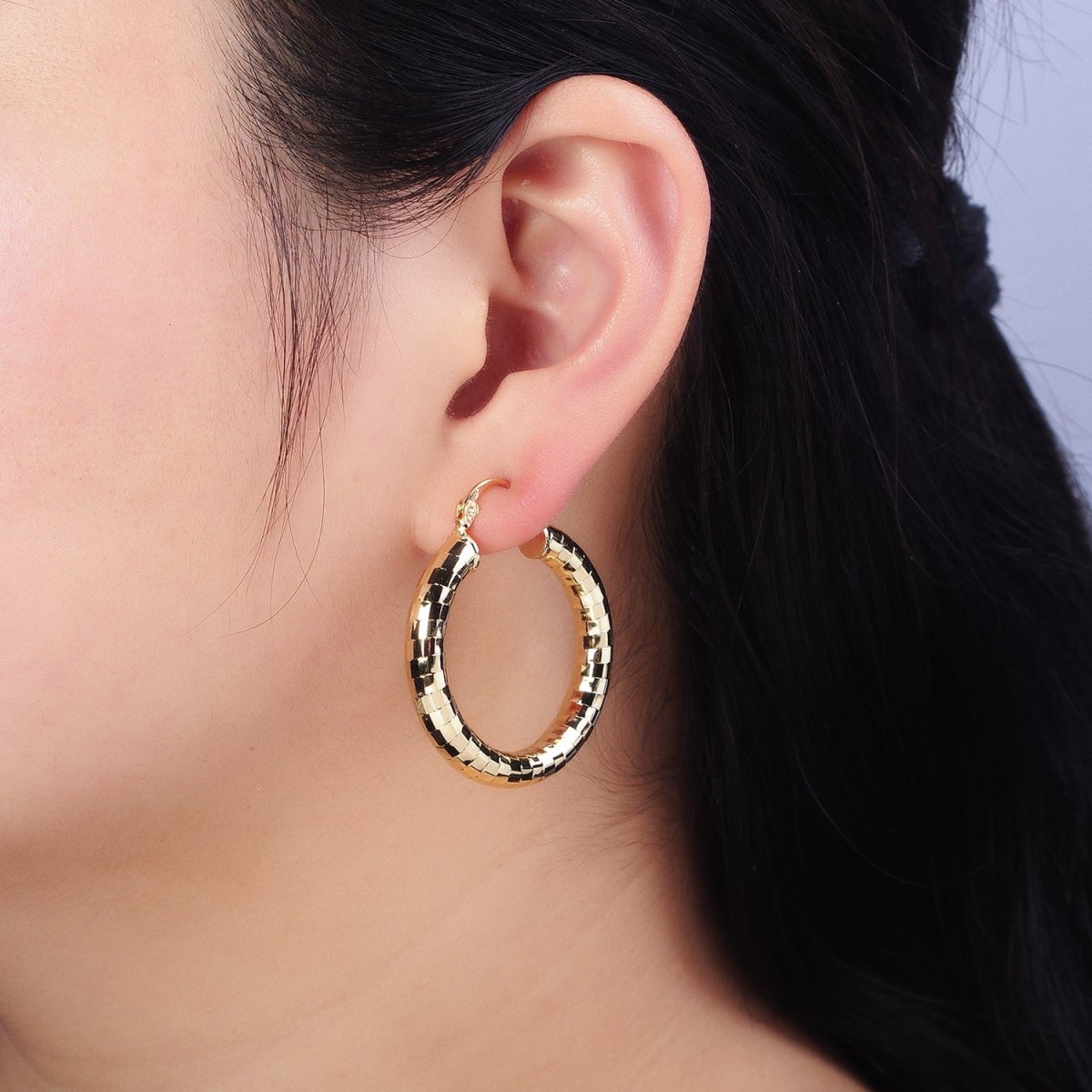 14K Gold Filled 35mm, 45mm, 55mm Line Textured Geometric Hoop French Lock Latch Earrings | AE-004 AE-005 AE-048 - DLUXCA