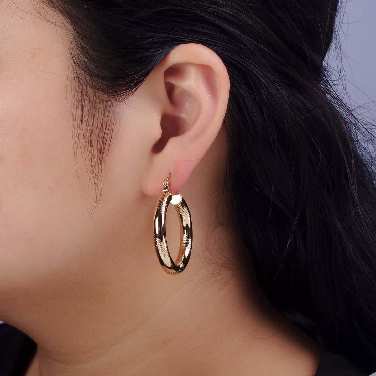 14K Gold Filled 35mm, 45mm, 55mm Line-Textured Statement Latch French Lock Hoop Earrings | AB207 - AB209 - DLUXCA