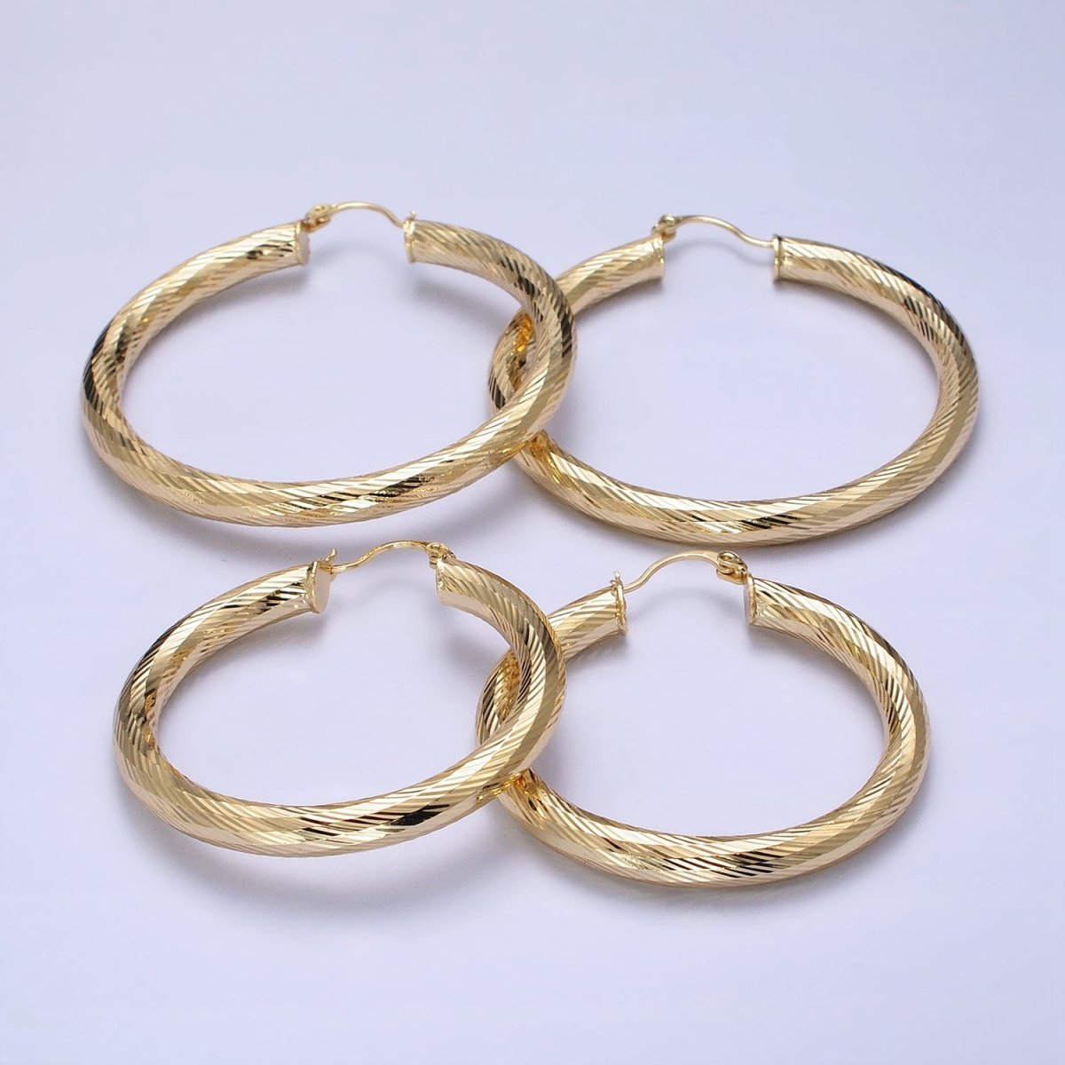 14K Gold Filled 35mm, 45mm, 55mm Line-Textured Twisted French Lock Latch Hoop Earrings | AE009 - AE011 - DLUXCA
