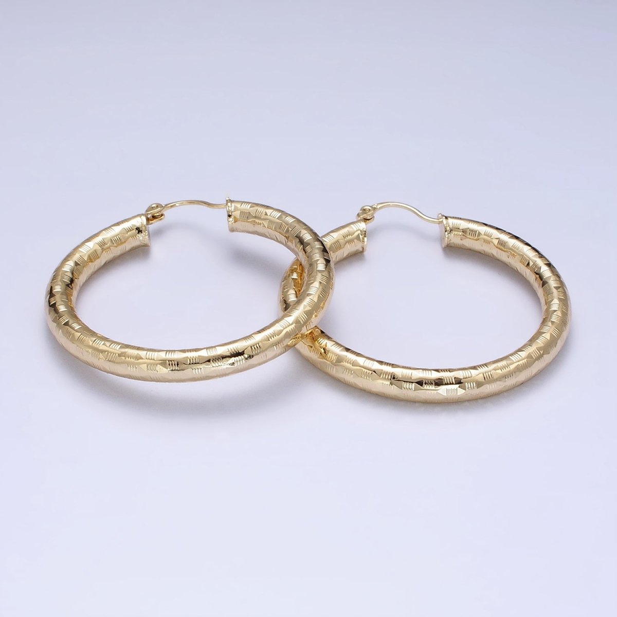 14K Gold Filled 35mm, 55mm, 50mm Line-Texture Multifaceted French Lock Latch Hoop Earrings | AE001 - AE003 - DLUXCA